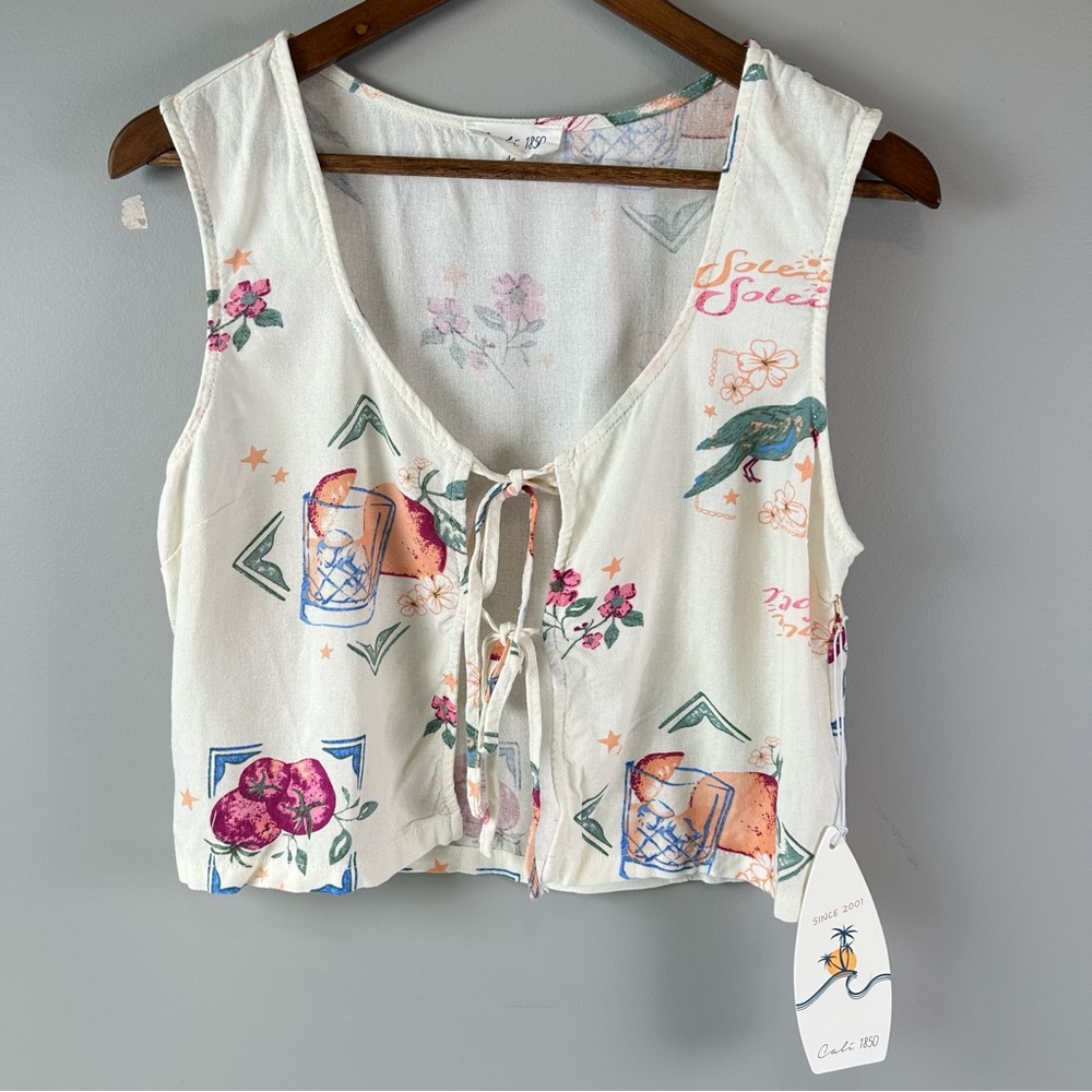 NWT Cali 1850 Tank Top Women's M White Floral Sleeveless Tie-Front V-Neck Beach
